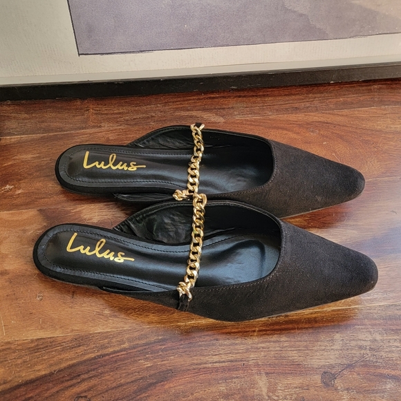 LULU'S Lavareta Black Suede Chain Pointed-Toe Loafer Slides 8.5 - Picture 8 of 14